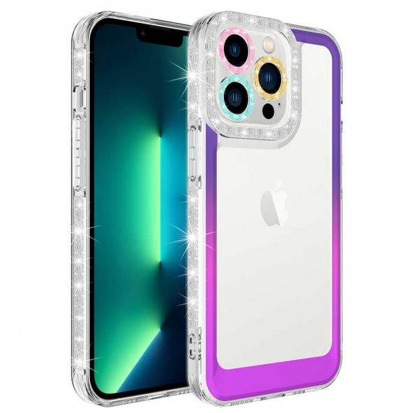 Vendas iPhone 14 Pro Max Uyumlu (14 Pro Max) Pare Serisi Simli ve Renk Geçiş Tasarımlı Lens Korumalı Kılıf