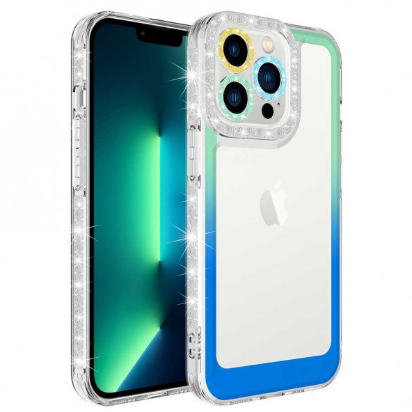 Vendas iPhone 14 Pro Uyumlu (14 Pro) Pare Serisi Simli ve Renk Geçiş Tasarımlı Lens Korumalı Kılıf