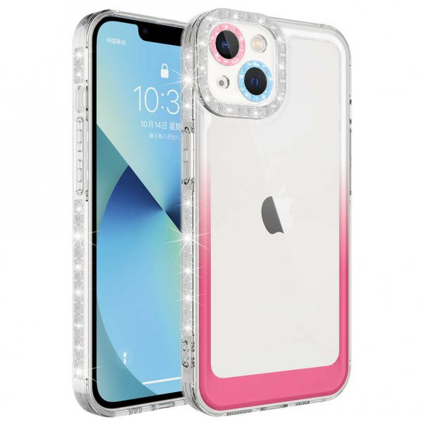 Vendas iPhone 14 Uyumlu ( iPhone 14 ) Pare Serisi Simli ve Renk Geçiş Tasarımlı Lens Korumalı Kılıf