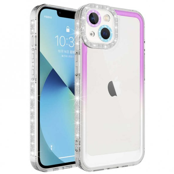 Vendas iPhone 14 Plus Uyumlu (14 Plus) Pare Serisi Simli ve Renk Geçiş Tasarımlı Lens Korumalı Kılıf