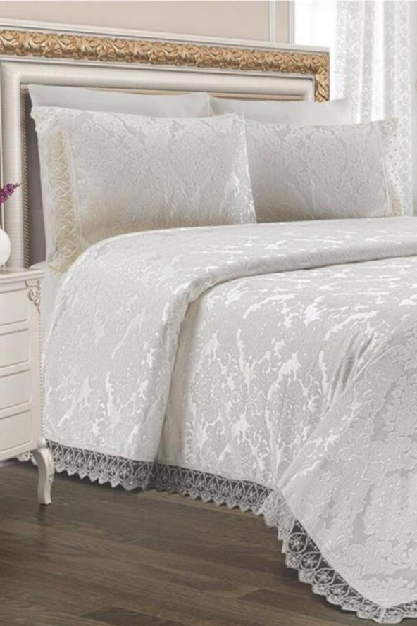 Çeyiz Diyarı Jakarlı Şönil Yatak Örtüsü Krem - Resim 2