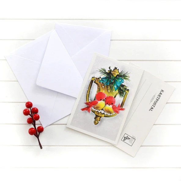 2li yılbaşı kartpostal-zarf seti, kuşlar
