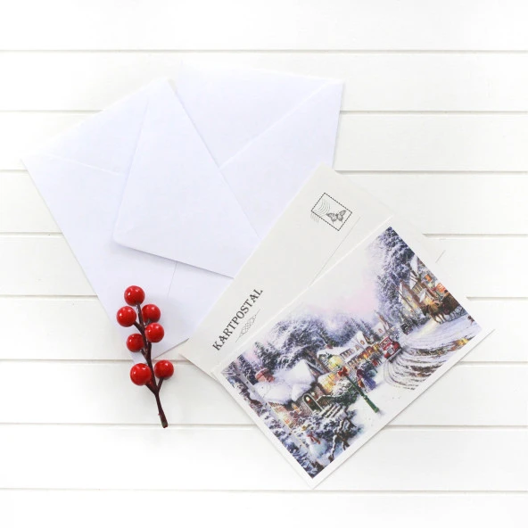 2li yılbaşı kartpostal-zarf seti, karlı cadde