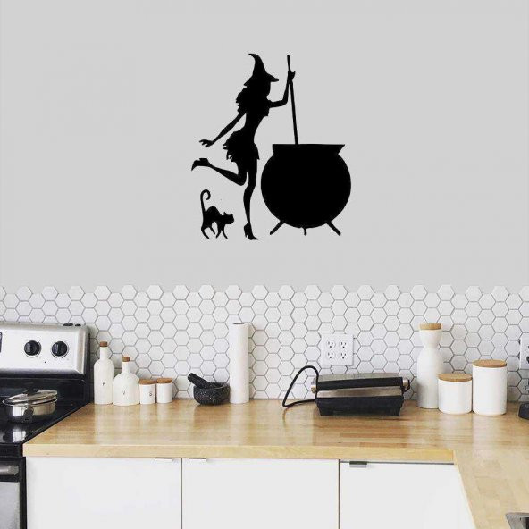 Yemek Yapan Cadı ve Sevimli Kedicik Silüeti Dekoratif Mutfak Duvar Sticker, Çıkartma, Etiket