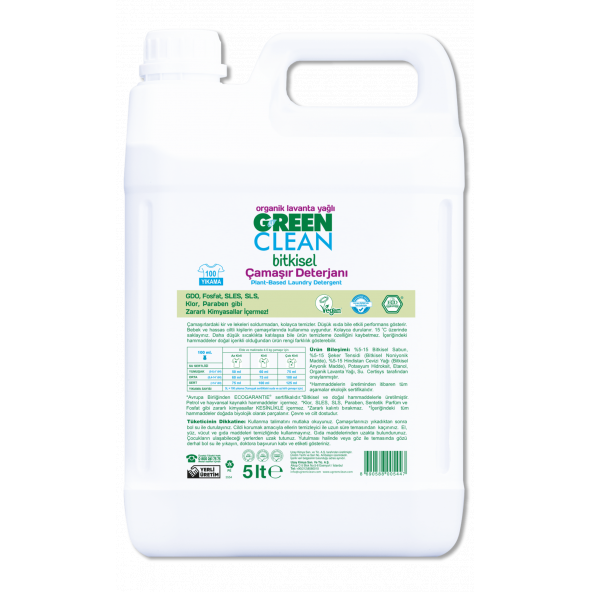 U Green Clean Organik Lavanta Yağlı Bitkisel Sıvı Çamaşır Deterjanı 5 lt