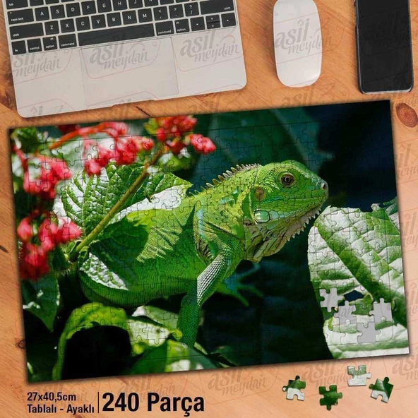 Asil Hobi İguana - Yeşil - Bitki - Çiçek - Hayvan Yapboz -Ayak Destekli Çerçeveli 240 Parça Puzzle