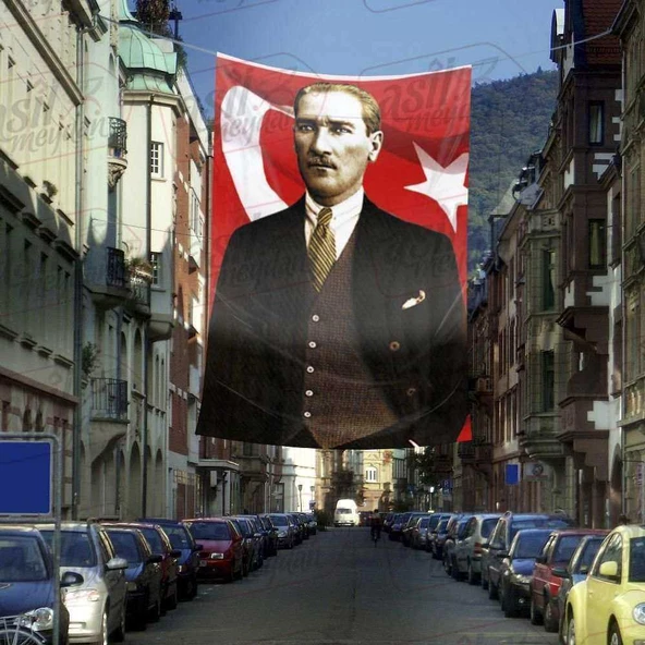 Takım Elbiseli Sivil Gazi Mustafa Kemal Atatürk -Ay Yıldız - Portre Cephe Poster Bayrak-4X6 metre