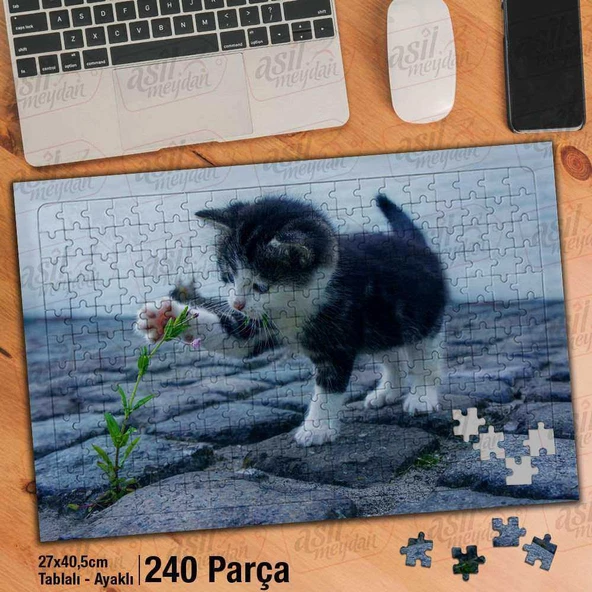 Asil Hobi Mavi Gözlü Sevimli Kedi - Çiçek - Sokak Yapboz -Ayak Destekli Çerçeveli 240 Parça Puzzle