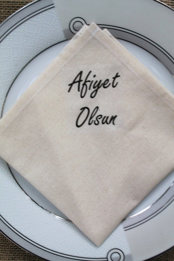 6 Adet Afiyet Olsun Yazılı Doğal Keten Servis Sunum Peçetesi - 3