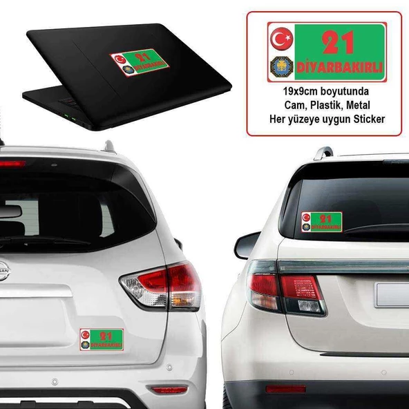 21 Diyarbakır - Memleket Sticker - Şehir - Arma,Cam, Laptop Etiket Oto Sticker -Araç Akesuar 19x9cm