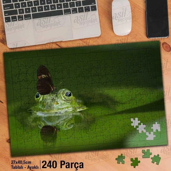 Asil Hobi Göldeki Mutlu Kurbağa - Kelebek - Doğa Yapboz -Ayak Destekli Çerçeveli 240 Parça Puzzle - 1