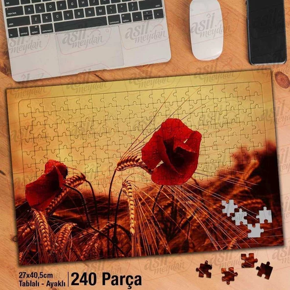 Asil Hobi Kırmızı Gelincik - Çiçek - Buğday Yapboz -Ayak Destekli Çerçeveli 240 Parça Puzzle