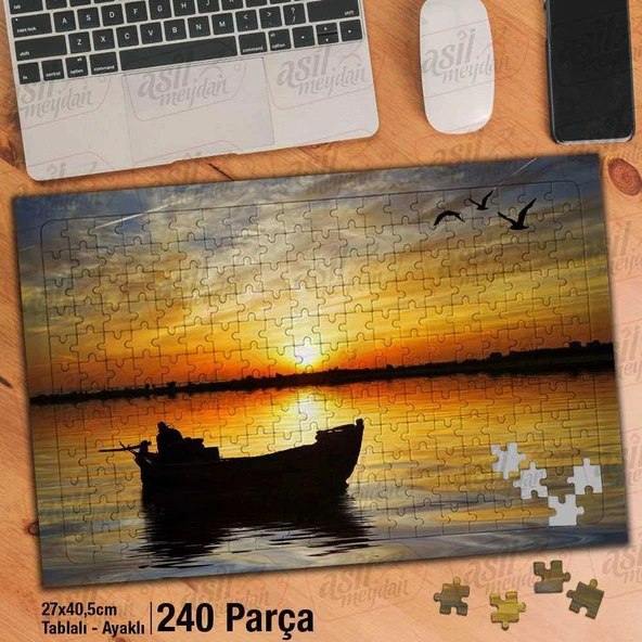 Asil Hobi Tekne - Gün Batımı - Deniz - Martı Yapboz-Ayak Destekli Çerçeveli 240 Parça Puzzle - 1