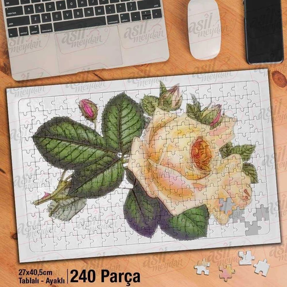 Asil Hobi Güzel Sarı Yapraklı Gül - Çiçek Yapboz- Ayak Destekli Çerçeveli 240 Parça Puzzle