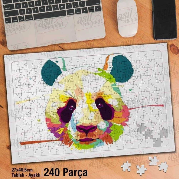 Asil Hobi Renkli Panda Kafası - Sevimli Hayvan Yapboz - Ayak Destekli Çerçeveli 240 Parça Puzzle - 1