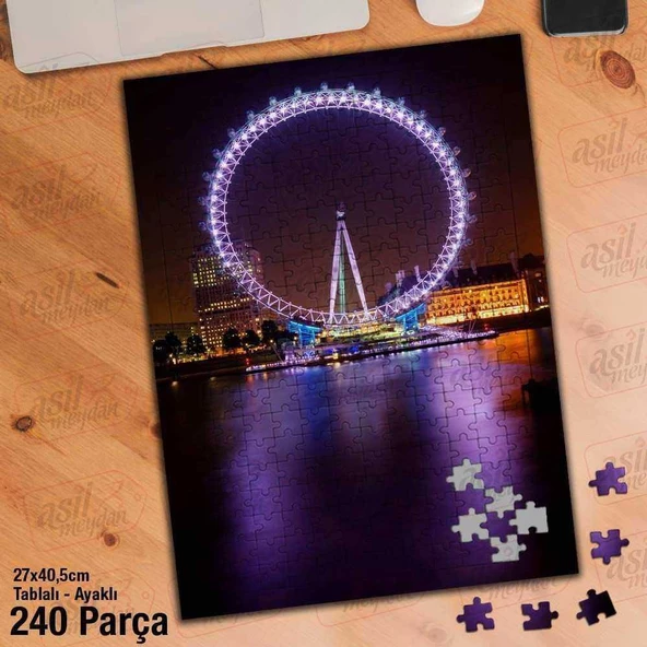 Asil Hobi Lunapark - Deniz - Işıklar - Şehir -Gece Yapboz - Ayak Destekli Çerçeveli 240 Parça Puzzle