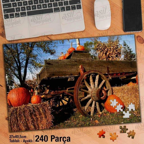 Asil Hobi Tahta Tekerlekli Araba - Kabak - Dekor Yapboz -Ayak Destekli Çerçeveli 240 Parça Puzzle