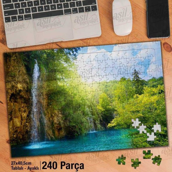 Asil Hobi Şelale - Göl - Güneş- Manzara - Ağaçlar Yapboz -Ayak Destekli Çerçeveli 240 Parça Puzzle