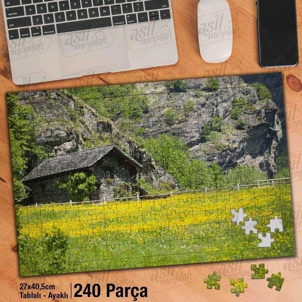 Asil Hobi Sarı Kır Çiçekleri - Kayalıklar - Taş Ev Yapboz -Ayak Destekli Çerçeveli 240 Parça Puzzle