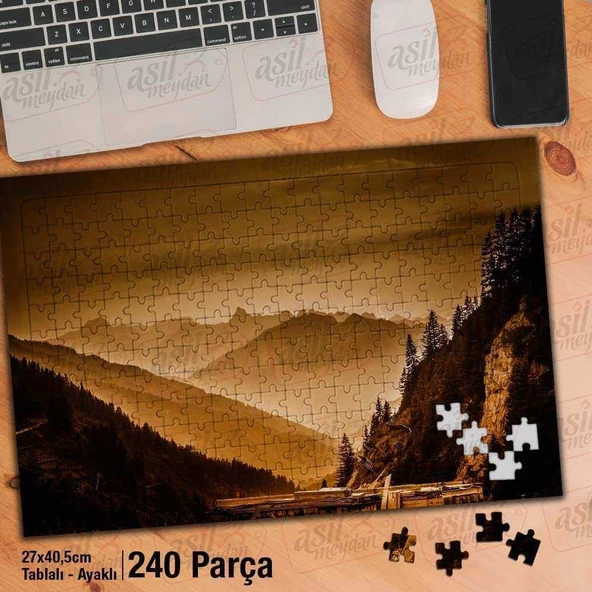 Asil Hobi Sisli Dağlar - Ağaçlar - Doğa -Manzara Yapboz -Ayak Destekli Çerçeveli 240 Parça Puzzle