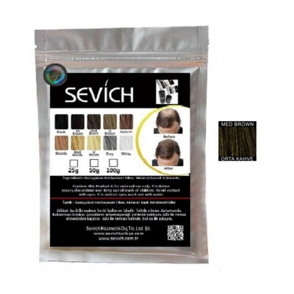 SEVİCH TOPPİK 100 GR ORTA KAHVE ( MED BROWN ) TOPİK SAÇ TOZU SAÇ FİBERİ KERATİN