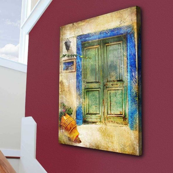 Mavi Kapı-Vazo -Saksı - eski kapı - retro-Mimari -Manzara -70x100cm Dekoratif Kanvas Tablo - 1