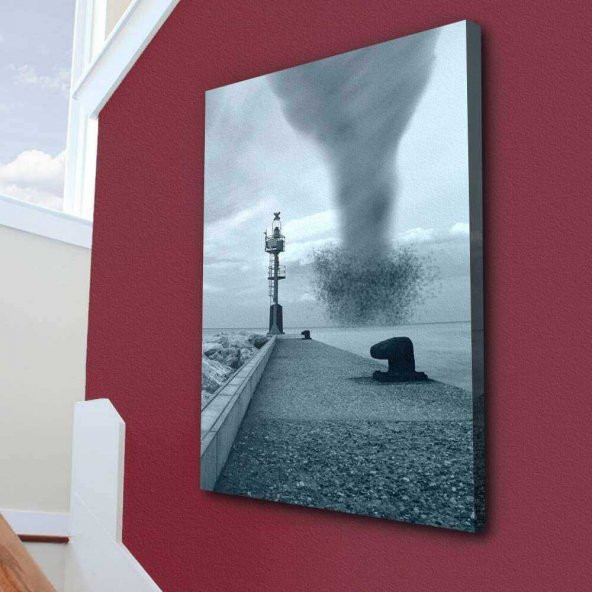 Sabah - denizde fırtına - Fener - Sahil - Doğal Afet - 70x100cm Dekoratif Kanvas Tablo