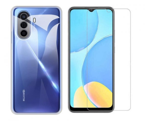 Huawei Nova Y70 Kılıf Şeffaf Kamera Korumalı Silikon Kapak + Cam