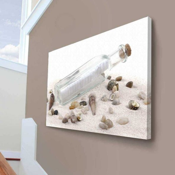 Cam Şişe - Mektup - Kağıt - Not - Deniz Kabukları - Kumsal -70x100cm Dekoratif Kanvas Tablo