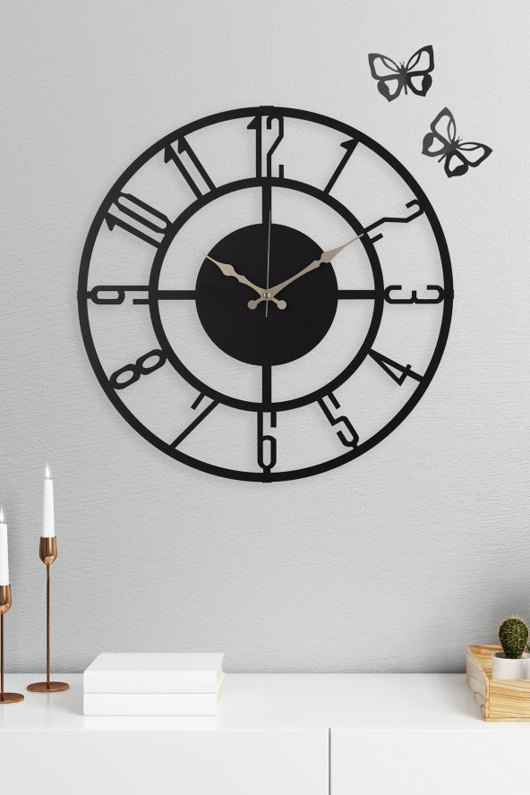 Duvar Saati Latin Rakamlı Siyah Metal Duvar Saati 50cm'' Dekoratif Kelebekler dahil. Salon saati