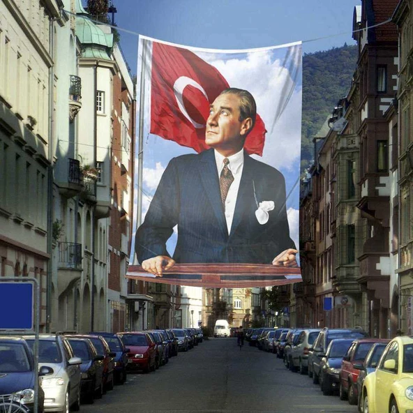 Göğe Bakan Ay Yıldızlı Sivil Atatürk Poster Cephe Bayrak - Okul - Kutlama - Anı -4x6 metre