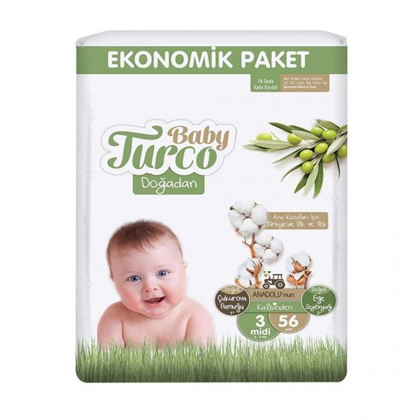 Baby Turco Doğadan Bebek Bezi 3 Numara Midi Ekonomik Paket 56 Adet