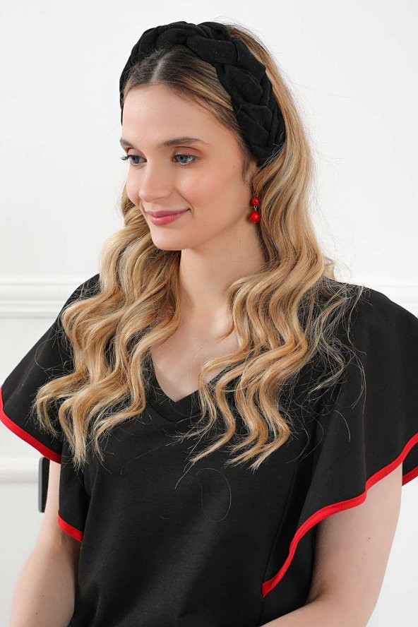Örgülü Saç Bandı ,Bandana,Siyah,SB-11 - 3