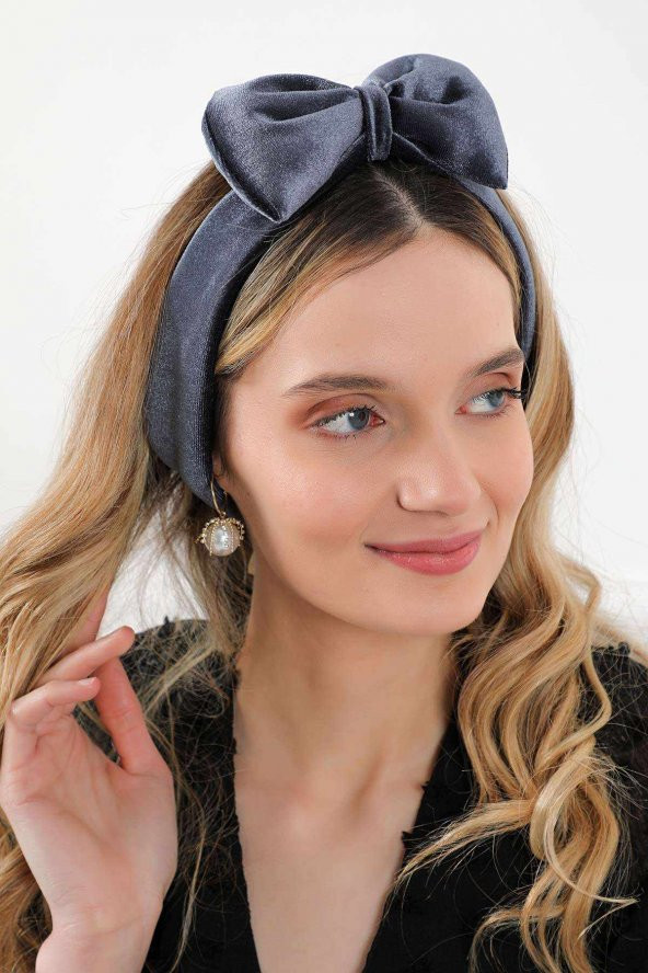 Dev Fiyonklu Kadife Saç Bandı , Bandana,Antrasit,SB-6 - 2