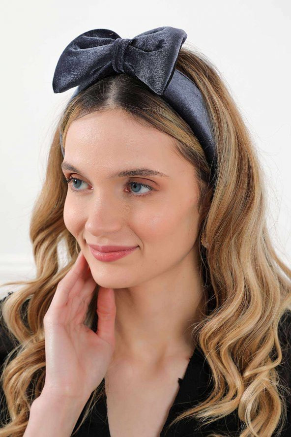 Dev Fiyonklu Kadife Saç Bandı , Bandana,Antrasit,SB-6 - 4