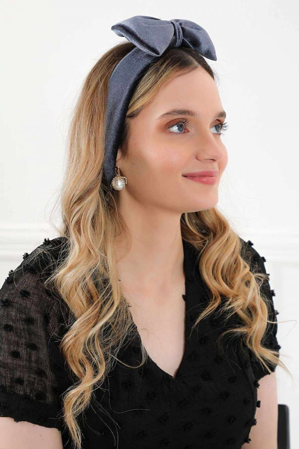 Dev Fiyonklu Kadife Saç Bandı , Bandana,Antrasit,SB-6 - 5