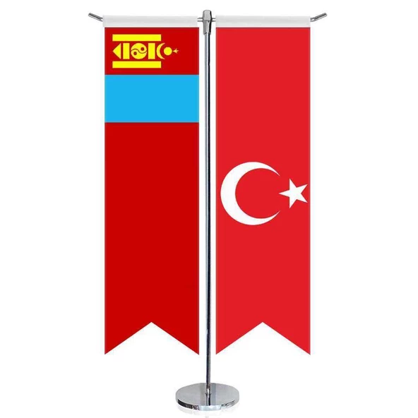 Moğolistan Bayrağı ve Türkiye - Kırlangıç - Saten T direk 2li Masa Bayrağı