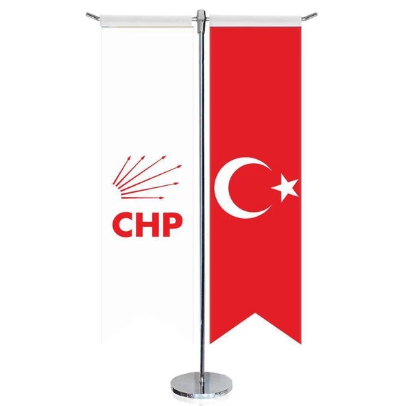 Beyaz Cumhuriyet Halk Partisi (CHP) Bayrağı ve Türkiye - Kırlangıç -Saten T direk 2li Masa Bayrağı