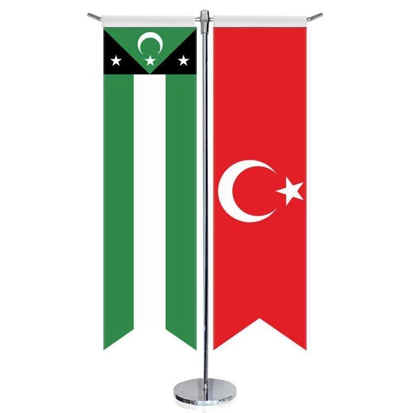 Batı Trakya Türkleri Bayrağı ve Türkiye - Kırlangıç - Saten T direk 2li Masa Bayrağı