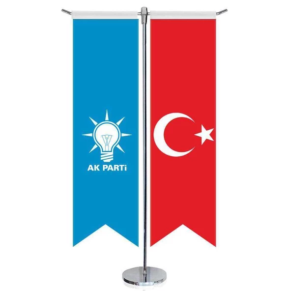 Mavi AkParti (AKP) Bayrağı ve Türkiye - Kırlangıç - Saten T direk 2li Masa Bayrağı