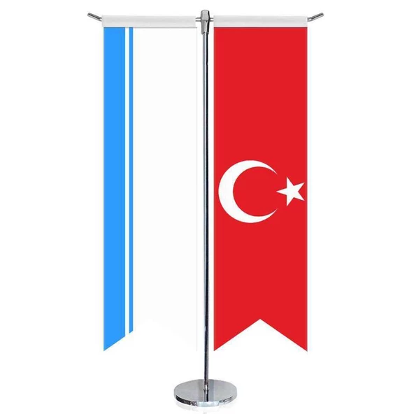 Altay Cumhuriyeti Bayrağı ve Türkiye - Kırlangıç - Saten T direk 2li Masa Bayrağı