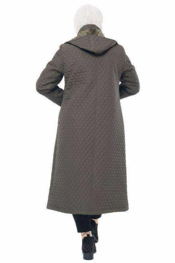 Kapüşonlu Kapitone Tesettür Mont  Haki - Resim 4