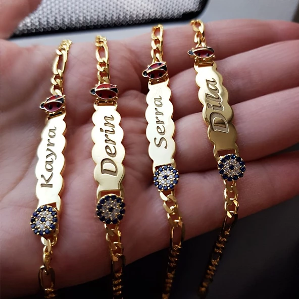 925 Ayar Gümüş Nazar Ve Uğur Böcekli İsimli Çocuk Bileklik - Resim 3