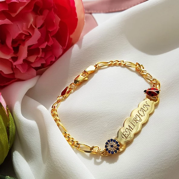 925 Ayar Gümüş Nazar Ve Uğur Böcekli İsimli Çocuk Bileklik - Resim 2