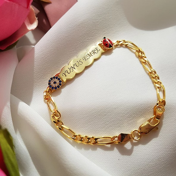 925 Ayar Gümüş Nazar Ve Uğur Böcekli İsimli Çocuk Bileklik ürün görseli