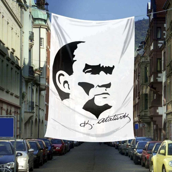 Siyah - Beyaz Mustafa Kemal Atatürk Silüeti ve İmza Dış Cephe Poster Bayrağı- 6x9 metre