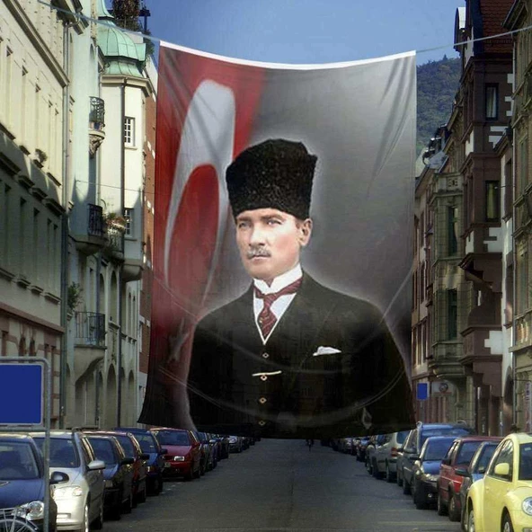 Ay Yıldız Bayrağı - Kalpaklı Sivil Mustafa Kemal Atatürk Dış Cephe Poster Bayrağı - 6x9 metre