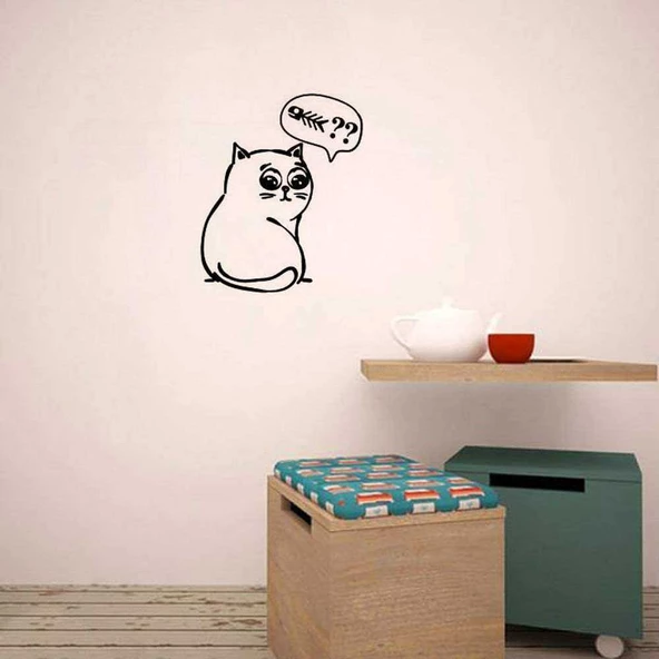 Balık Bekleyen Üzgün Kedi Dekoratif Duvar Sticker - C105
