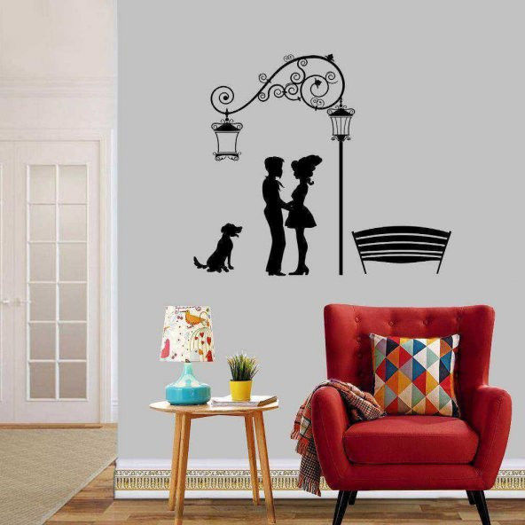 Lamba Altında Romantik Çift - Sevimli Köpek Dekoratif Duvar Sticker, Çıkartma, Etiket
