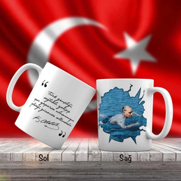 Denizde Yüzen Mustafa Kemal Atatürk - Atatürk'ün Sözleri -Kupa Bardak